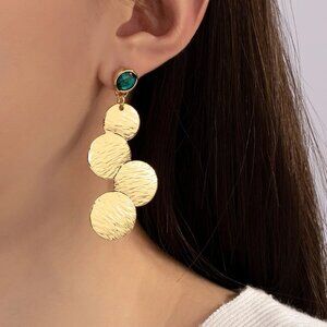 NEW Vesha Textured Gold Circles and Green Crystal Drop Statement Earrings